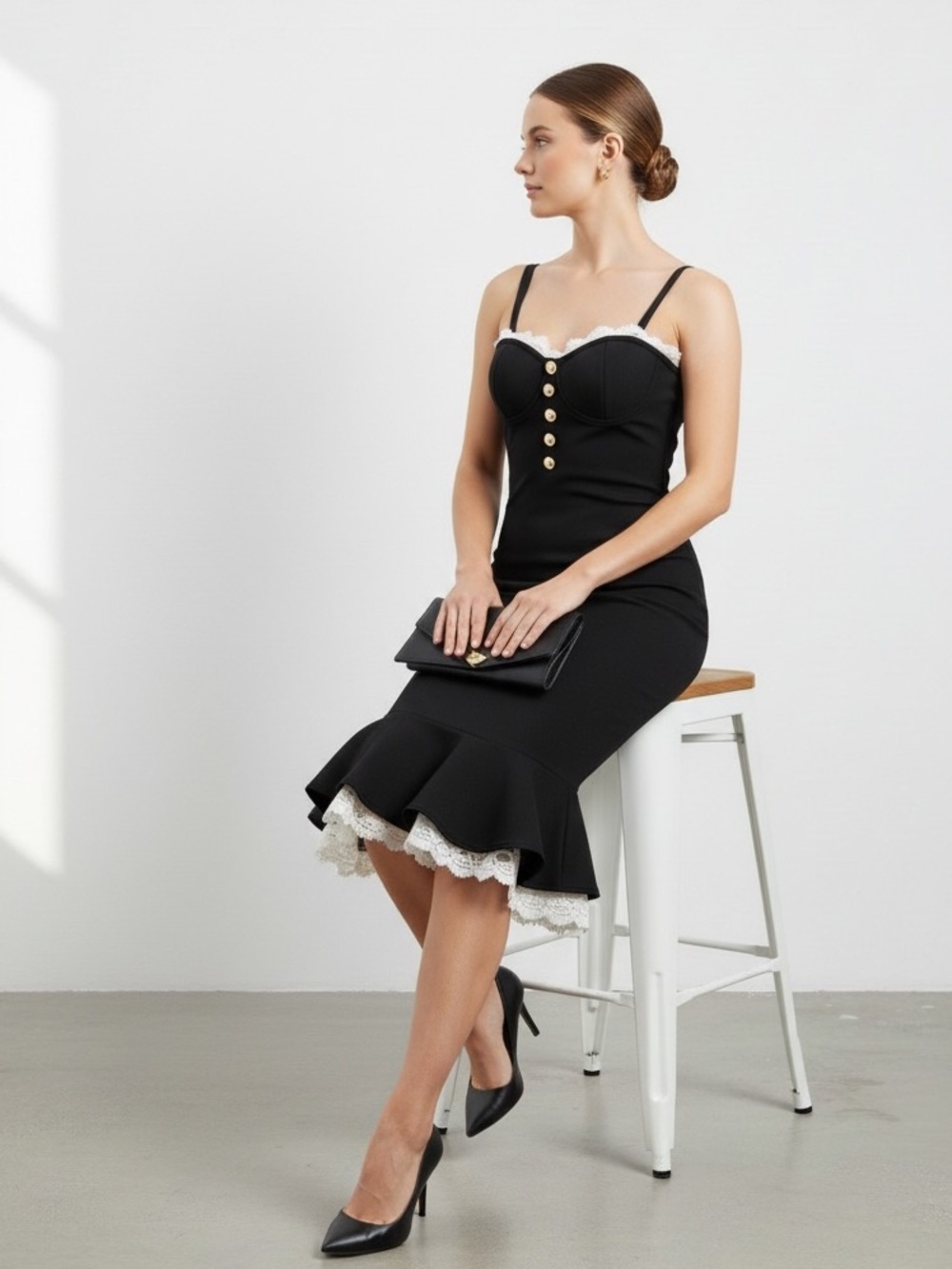 1637 • Black Fit & Flair Bandage Dress w/Lace Trim Gold Buttons - Picture 4 of 6